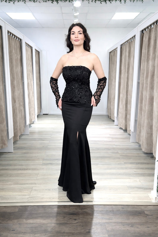 Pailletten-Satinkleid mit abnehmbaren Handschuhen