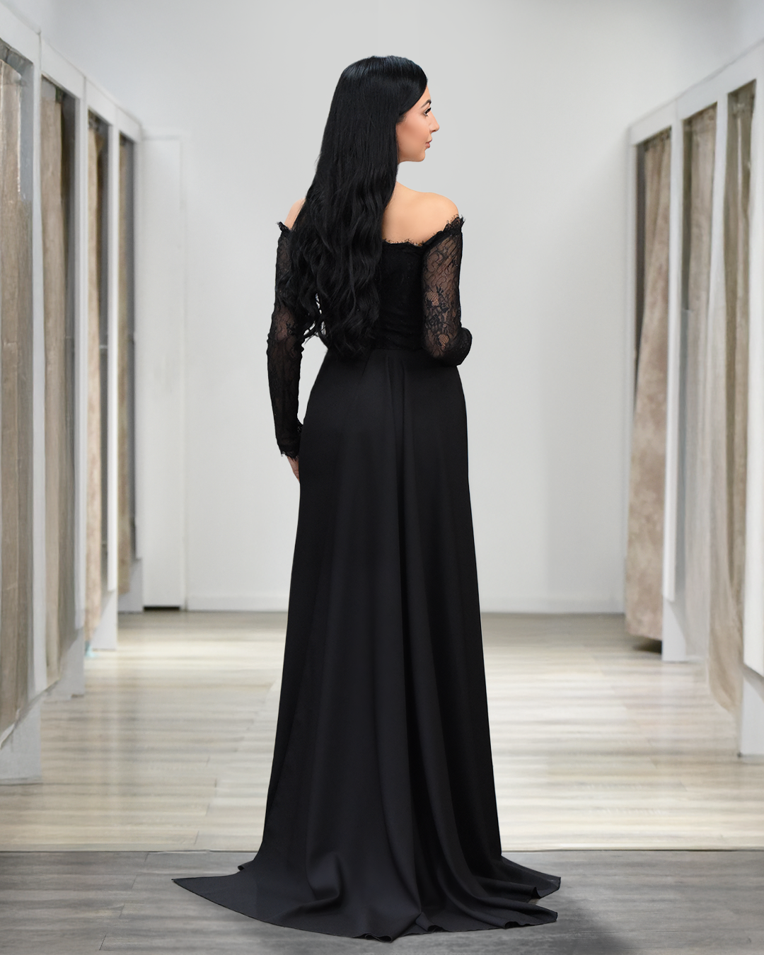 Langärmliges Carmenausschnitt-Abendkleid